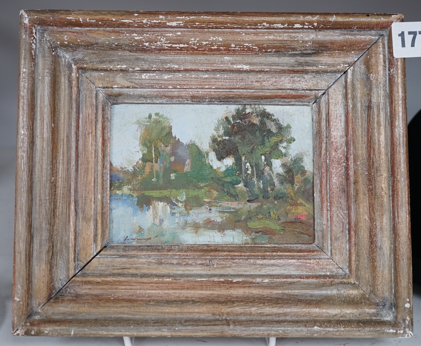 Ken Moroney (1949-2018), small oil on canvas board, Landscape study, signed, 8.5 x 12.5cm. Condition - good, some surface dirt and minor losses to the frame